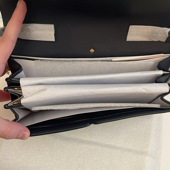 NWT Kate spade toujours chain leather clutch in blue denim and gold hardware - Picture 9 of 9